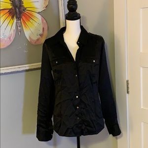Black button down silk top